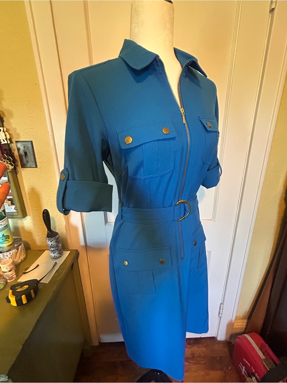 Sharagano Royal Blue Utility Dress with Gold Zipper & Buttons